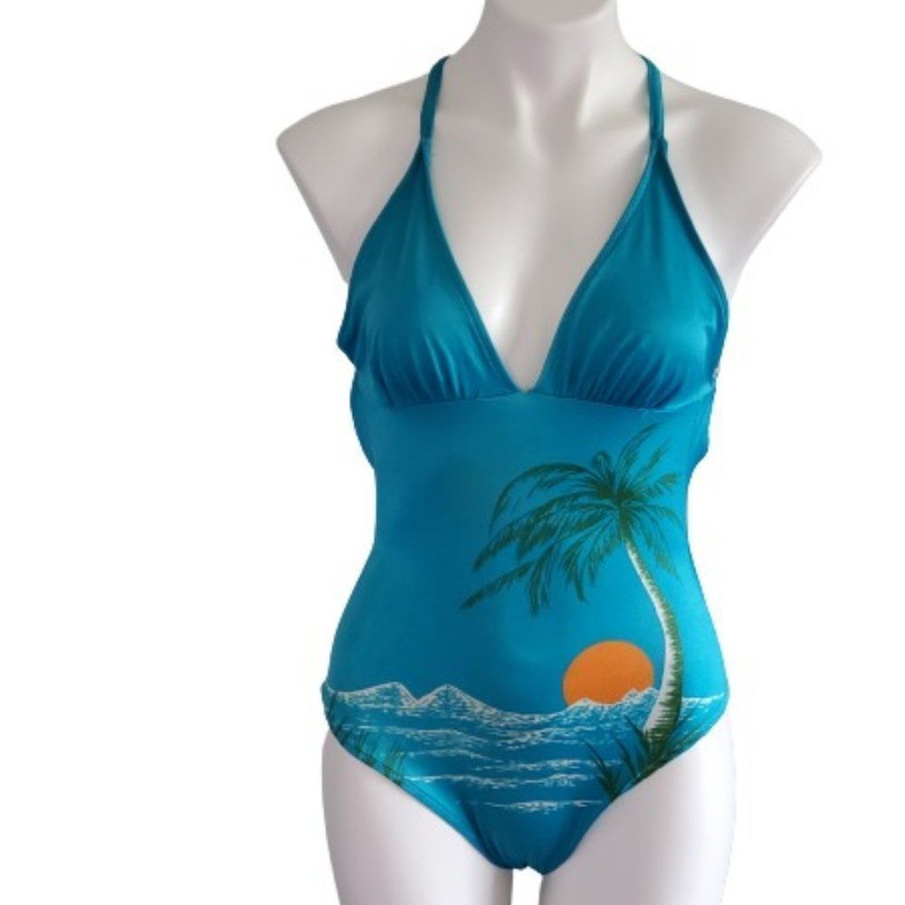 Vintage 70s Andmore One Piece Swimsuit Sunset Palm Tree Union Made ILGWU Sz 10